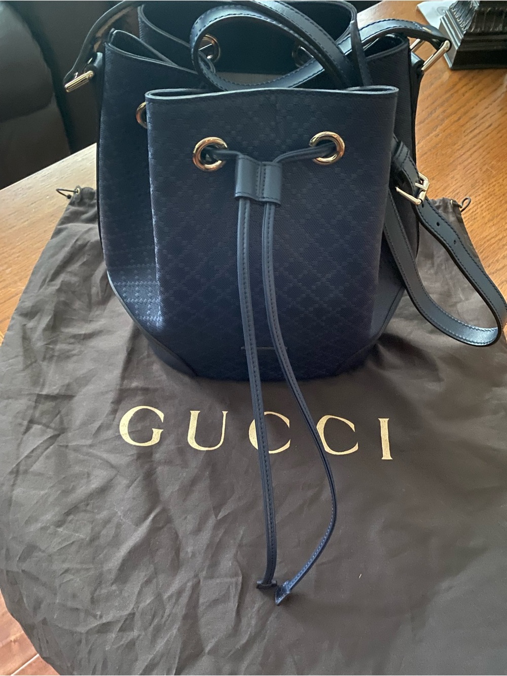 Gucci Navy Drawstring Bucket Shoulder Bag with Silver tone Hardware Authentic!